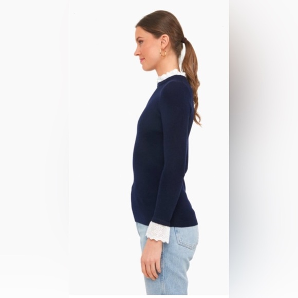 Tuckernuck Navy Rosemary Eyelet Lace Ribbed Crewneck Sweater Feminine Preppy M - Picture 5 of 12